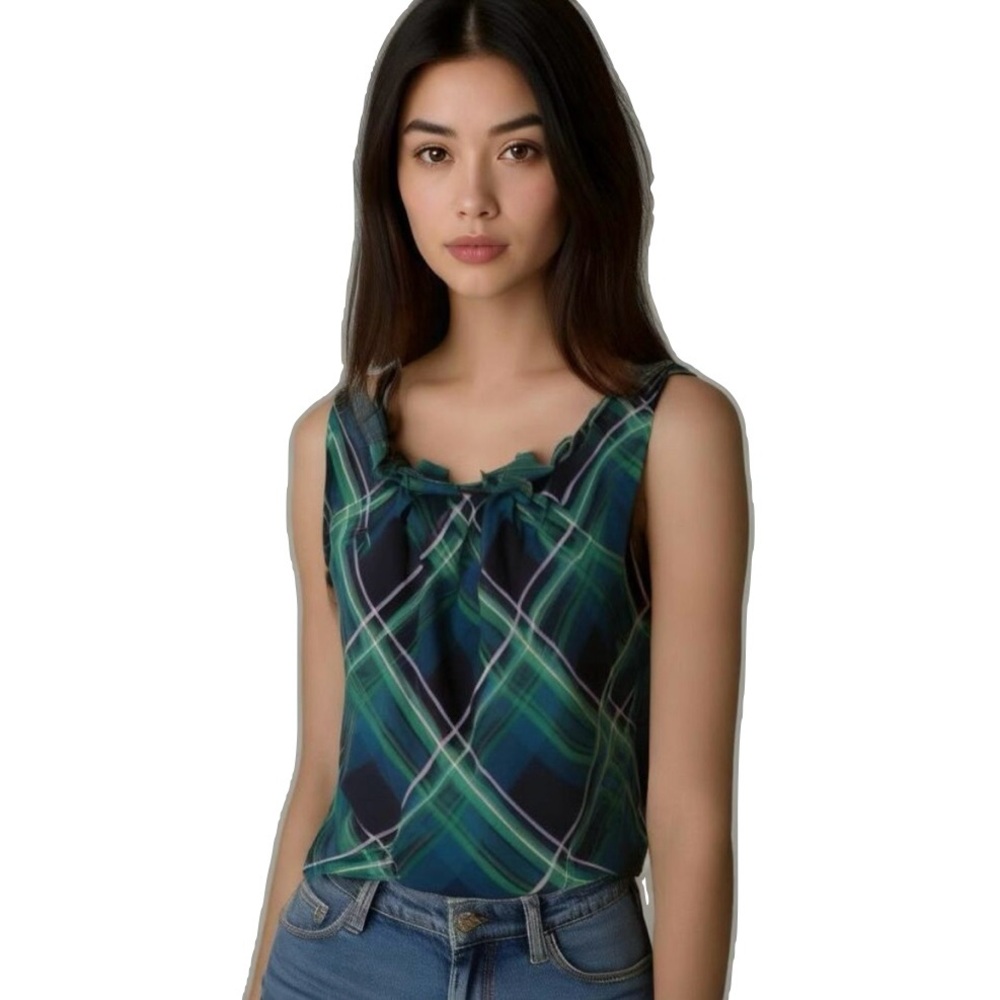 Talbots Plaid Blouse with Ruffle Neckline XSP